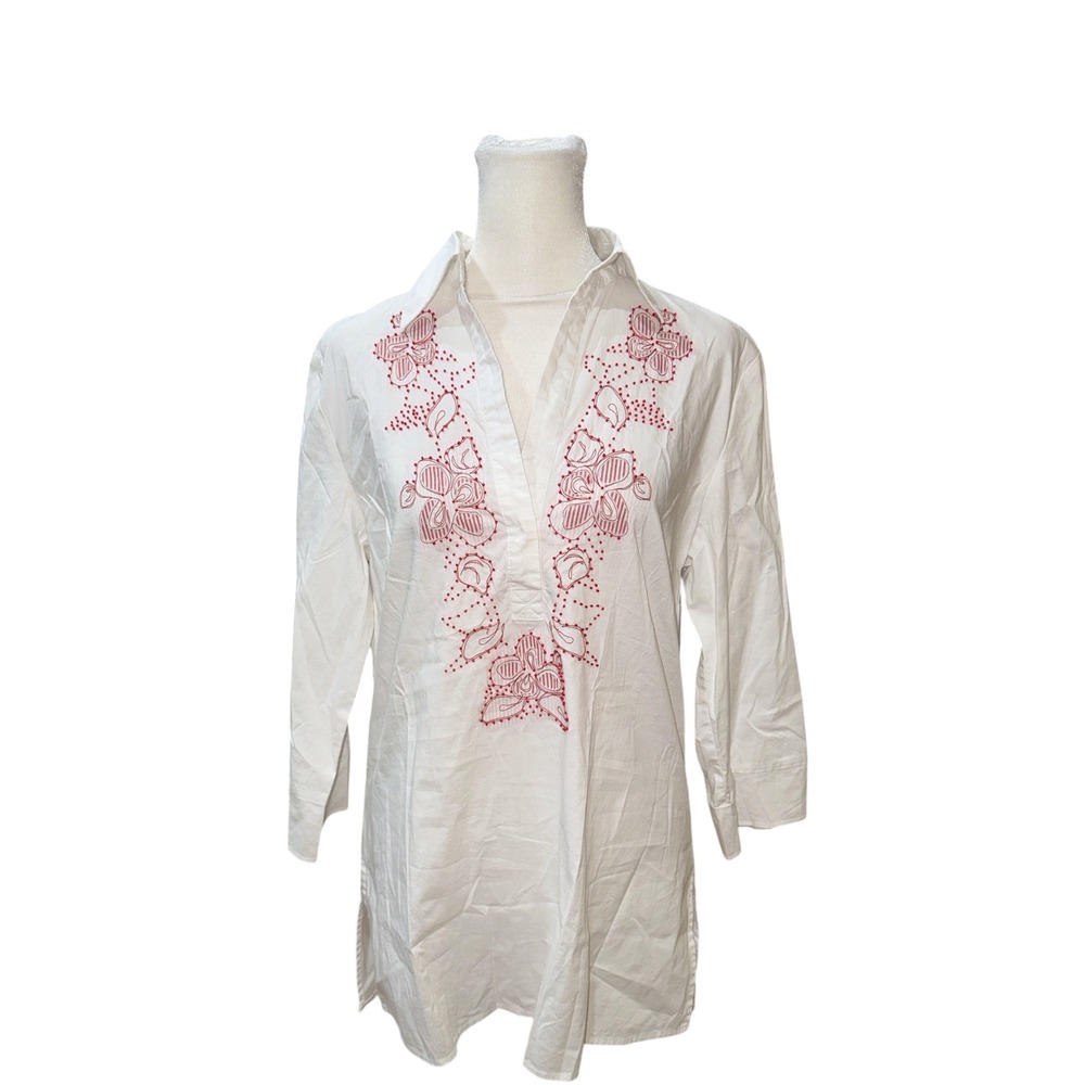 NEXX Women White Red Floral Embroidered V-Neck Tunic Blouse Top Size S